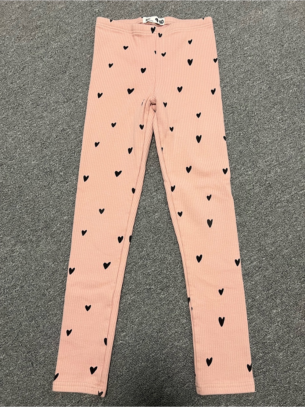 Cotton On Girl’s Pink Ribbed Leggings with Black Heart Print 9-10T